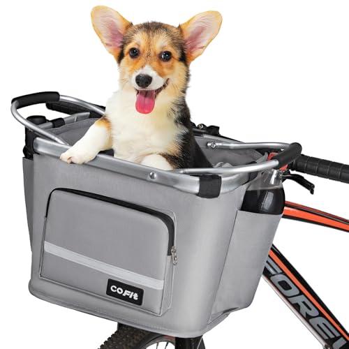 COFIT Detachable Bike Basket Front, Foldable Bicycle Dog Carrier for Small Pet, Shopping, Commuting, Camping and Outdoor Cargo Bag with Side Pouches, Gray