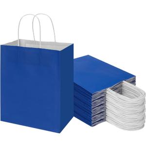 Toovip 50 Pack 8x4.75x10 Inch Medium Royal Blue Kraft Paper Bags with Handles Bulk, Gift Wrap Bags for Favor Grocery Retail Party Birthday Shopping Business Goody Craft Merchandise Take Out sacks