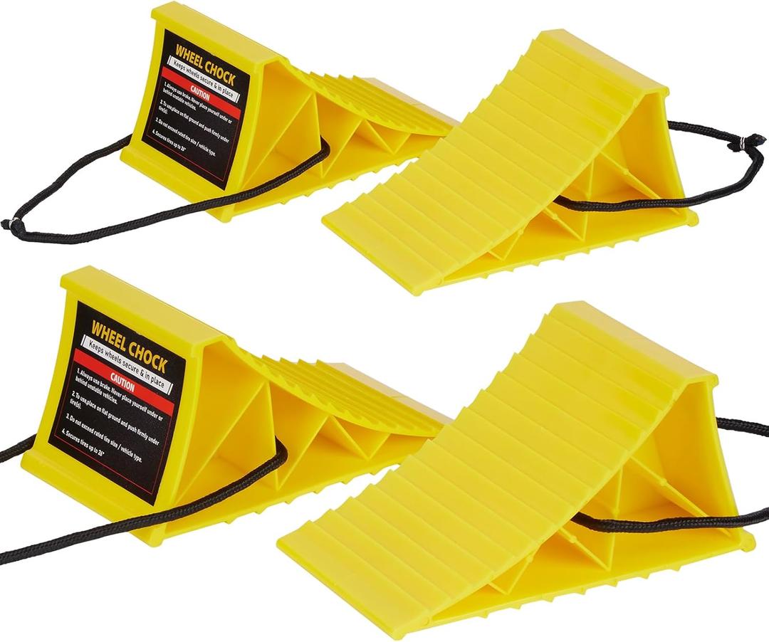 Wheel Chocks, 4Pack Heavy Duty Wheel Chocks with Rope for Easy Removal, Durable, Non-Slip, Hard Plastic Wheel Chocks for, RV, Camper, Effective in Keeping Your Vehicle in Place, Yellow