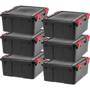 IRIS USA WeatherPro 31 Qt Storage Bins with Lids, 6 Pack, BPA-Free Plastic Gasket Box with Tight Latch and Seal, Stackable Nestable Tote Tub - Black/Red