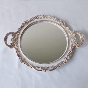 YANIZU Decorative Mirror Tray, Round with Handles, Organizer for Perfume, Makeup, Jewelry, Vintage Display and Serving Tray for Dresser, Counter and Coffee Table, 15.8'' x 13'', White