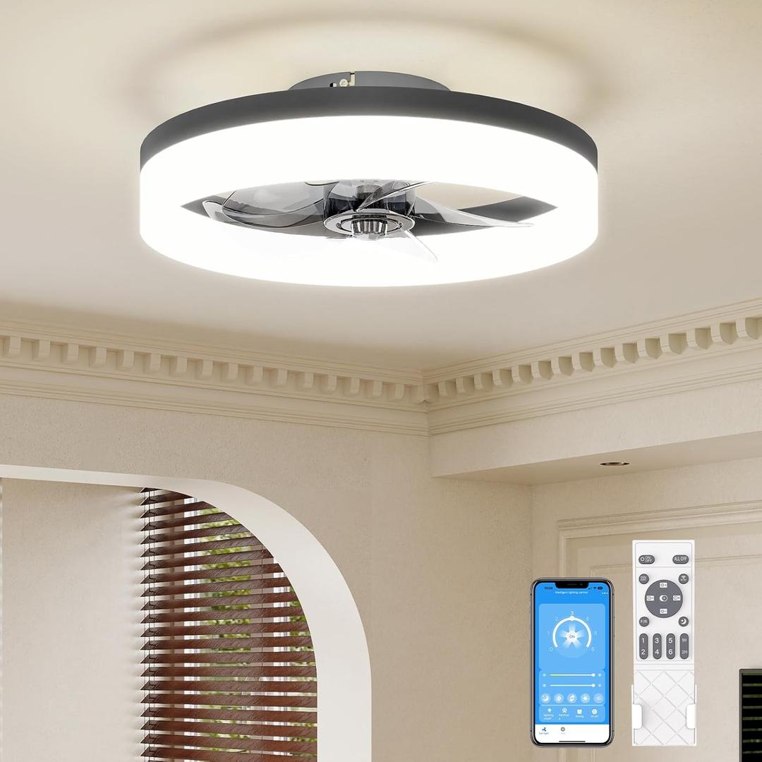 VOLISUN Low Profile Ceiling Fans with Lights and Remote, 15.7in Fandelier Ceiling Fan with Light, 3000K-6500K Dimmable Bladeless LED Fan Light, Black Flush Mount Ceiling Fans with Lights for Bedroom (15.7 INCH)