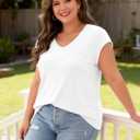 Womens Casual Tops V Neck Cap Sleeve T Shirt Loose Fit Summer Basic Tee for Spring Fashion, Vacation Beach Wear (White, XL)