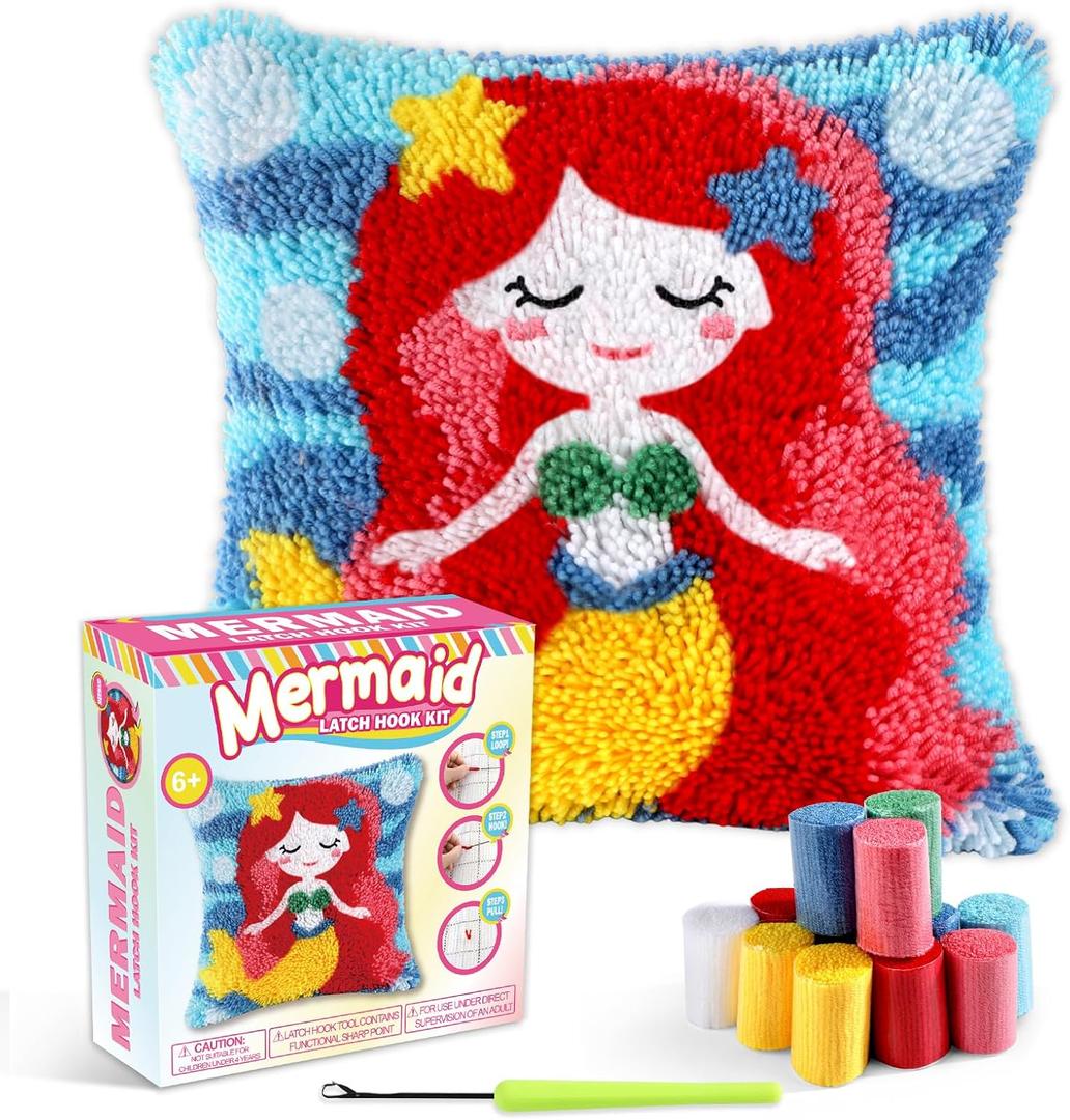 Mermaid Latch Hook Kit Under The Sea Theme Pillow DIY Valentine Craft for Adults Beginner Making Your Own Pillow Printed Pillowcase Crochet Yarn Art Handmade Cushion Christmas Gift for Sofa Decor