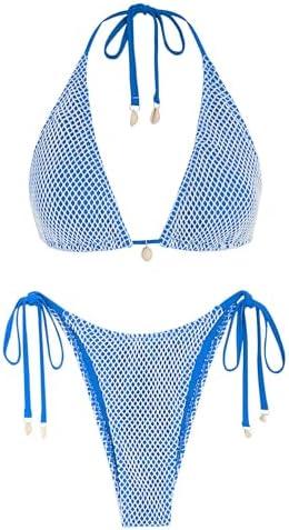 ZAFUL Women's Triangle Bikini Multiway Fishnet Tie Side Bandeau Halter String Bikini Set Two Piece Swimsuit Bathing Suits M