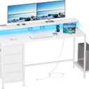 Furologee 55" White Computer Desk with 4 Fabric Drawers & Monitor Stand, Gaming Desk with Power Outlets - LED Lights, Home Office Space-Saving Study Table for Bedroom Small Spaces