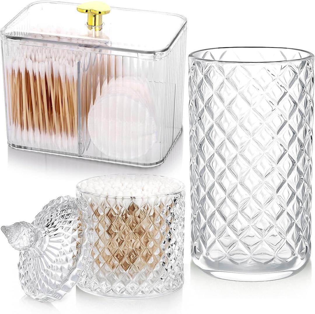 FoldTier 3 Pcs Cotton Ball Holder Dispenser Bathroom Set Cotton Ball Holder Swabs/ball Storage Box 3 Grids Partition Cosmetics Storage Dispenser for Vanity Tray Candy Container Jar For Home(White)