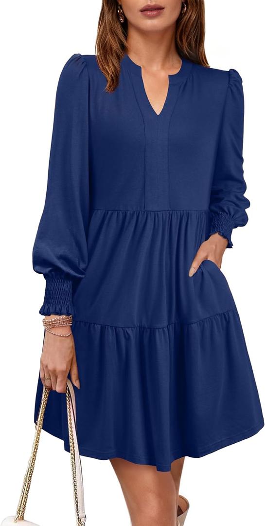 YZEGGO Spring Dresses for Women 2026 Casual V Neck Long Sleeve A Line Midi Dress Ruffle Flowy with Pockets (Medium, Navy Blue)