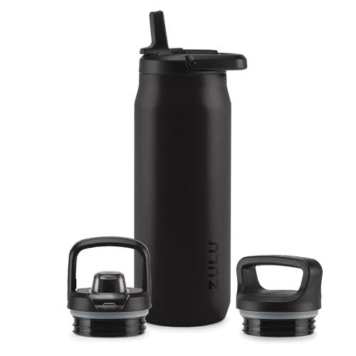 ZULU Base 32oz Stainless Steel Water Bottle with 3 Lids- Straw, Chug, Twist | Double Walled and Vacuum Insulated Metal Thermos | For Gym, Outdoor, Built in Carry Loop, Dishwasher Safe, Black
