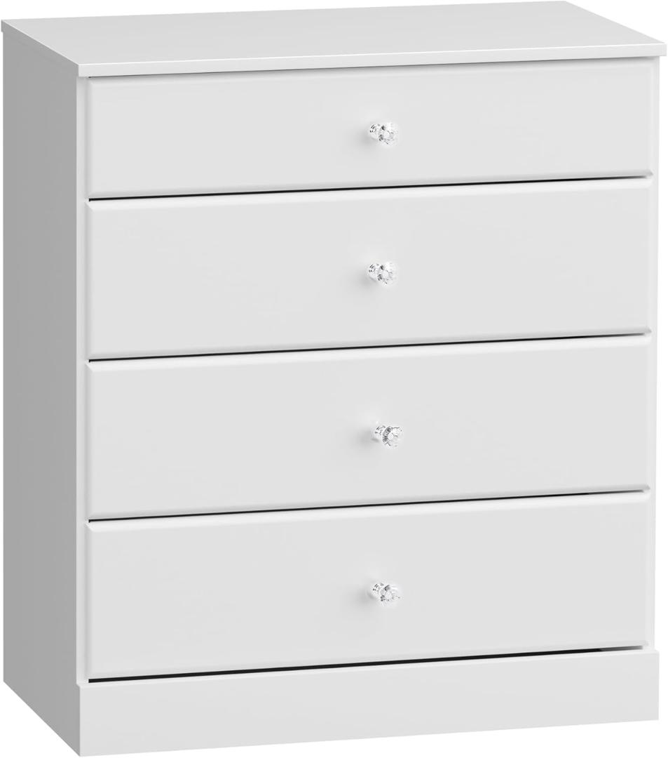 Prepac Astrid Simplistic 4-Drawer Dresser for Bedroom, Functional Chest of Drawers with Acrylic Knobs 18.25" D x 30" W x 34" H, White, WDBR-0401-1-V