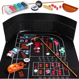 Craps Tabletop Game Set with 35 * 70" Rubber Craps Tabletop Mat, 48 * 11" Rubber Craps Diamond Pyramid Bumper, 36" Rattan Stick, Casino Grade 19mm Dice, On/Off Button & 100 pcs Chips (Black)