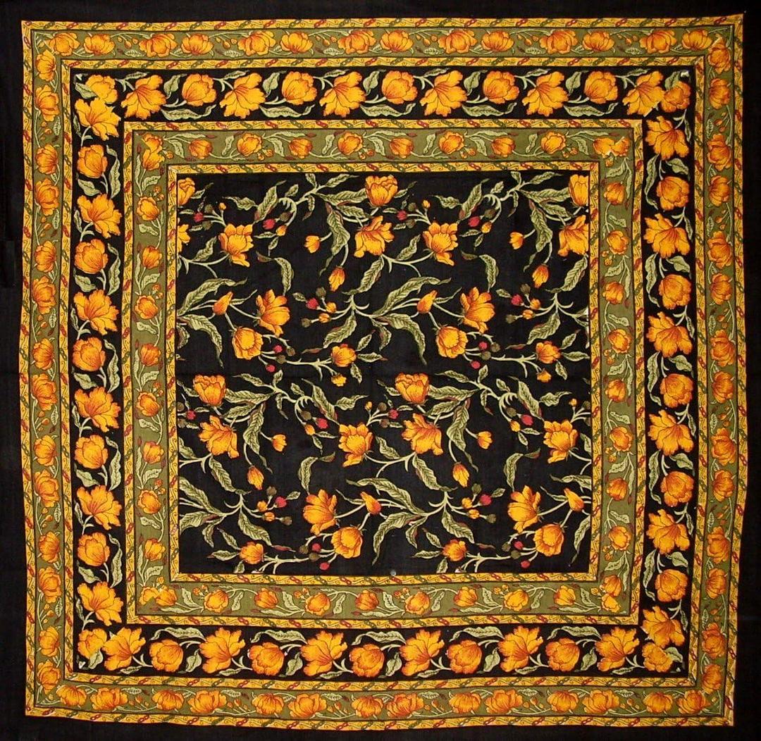 India Arts French Floral Square Cotton Tablecloth 60" x 60" Amber on Black