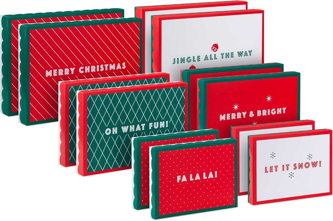 Hallmark Red and Green Christmas Gift Box Assortment (12 Boxes with Scalloped Lids: 4 Small, 4 Medium, 4 Large) for Ties, Socks, Shirts, Sweaters
