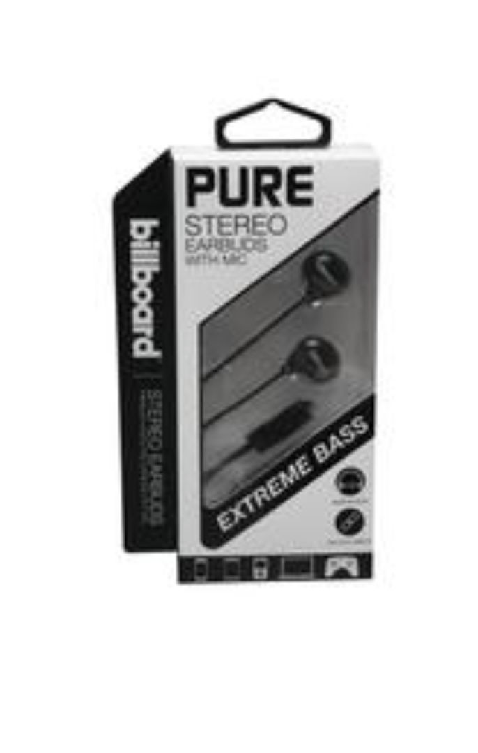 Billboard Pure Black Stereo Earbuds w/ Mic Extreme Bass 3.5mm