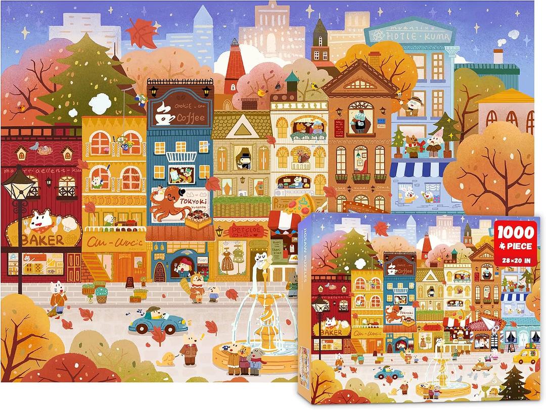 2 x Jigsaw Puzzles for Adults 1000 Pieces, Autumn Village Town 1000pc Puzzle, 1:1 Poster, Vibrant Street with Cafe, Bakery & Hotel Kuma (Autumn Tale Town), 28 *20 inch