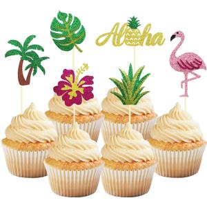 24Pcs Tropical Cupcake Toppers, Luau Cake Topper Aloha Cupcake Picks Pineapple Flamingo Cupcake Decorations for Hawaiian Luau Theme Baby Shower Birthday Party Supplies (Aloha B)