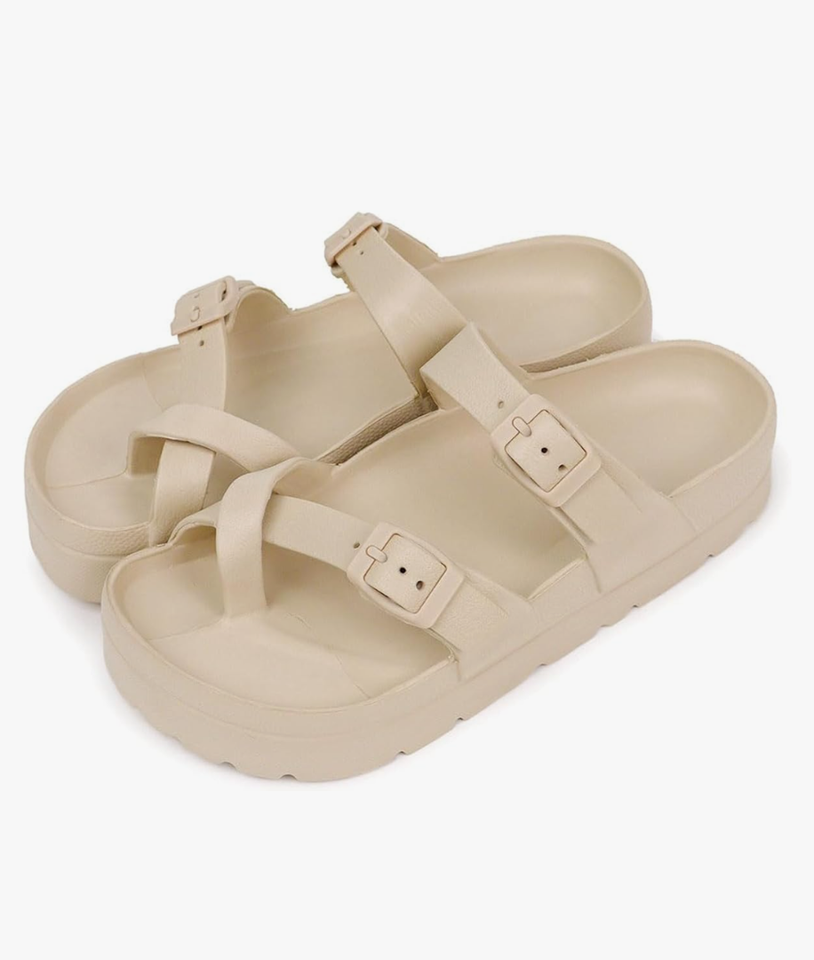 Women's Platform Sandals with Arch Support, Comfortable Thick Soles Ultra Cushion Buckle Foam Slides Thick Soles Flat Sandals With Adjustable Lightweight. US 9, EUR 40