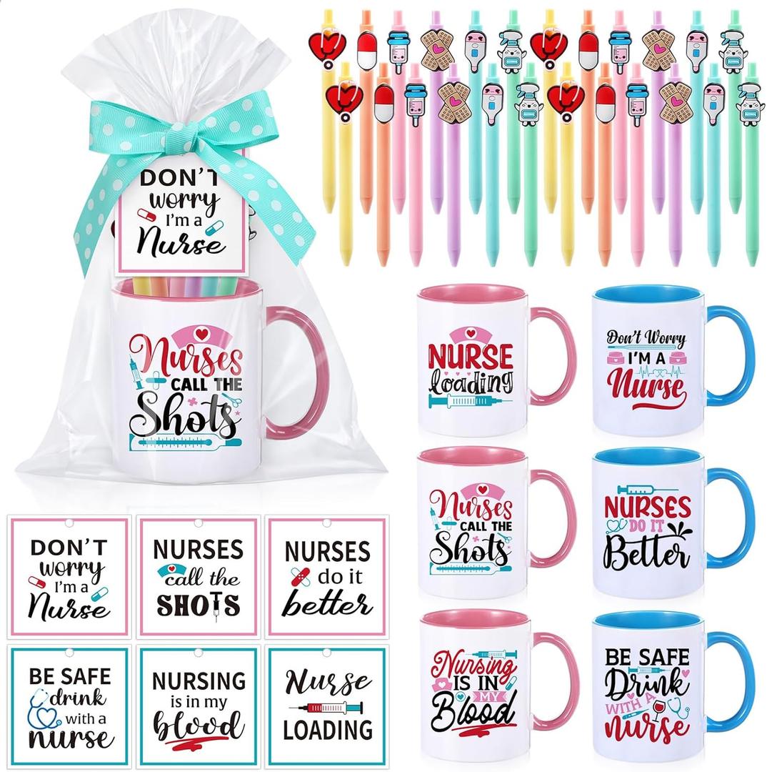 Baderke 6 Set Employee Appreciation Gifts Include Thank You Staff Mug Gift Set 12 oz Appreciation Mugs Inspirational Pens Tags for Employee Staff Team Group (Pink Blue,Nurse-1)