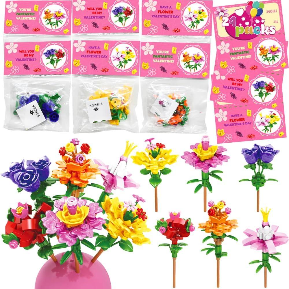 WODMAZ Flower Bouquet Building Blocks, 24 Packs Romantic Flower Toys Easter Gifts for Kids Easter Theme Party Favors Egg Hunt Basket Stuffer, Classroom Prize Supplies
