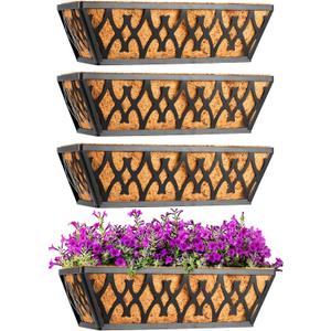 4 Pack 14 Inch Window Boxes Planters Railing Planter Box with Coco Liners Deck Railing Planter Boxes Balcony Hanging Flower Box for Outdoor Plants Garden Decor