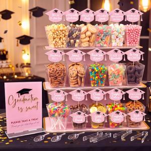 Tinlade 26 Pcs Graduation Candy Buffet Labels for Grad Party Decorations 8 x 10'' Acrylic Candy Bar Signs with Stand 24 Grad Dessert Food Labels Table Centerpieces Set for Party Supplies(Pink,Classic)