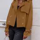 ZESICA Womens Long Sleeve Crop Trench Coat Lapel Double Breasted Loose Casual Jacket with Pockets (Brown, L)