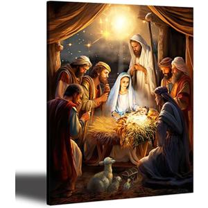 Nativity Scene Wall Art Canvas Pictures for Christmas Jesus Print Artwork Painting for Home Dcor (15"L x 12"W)