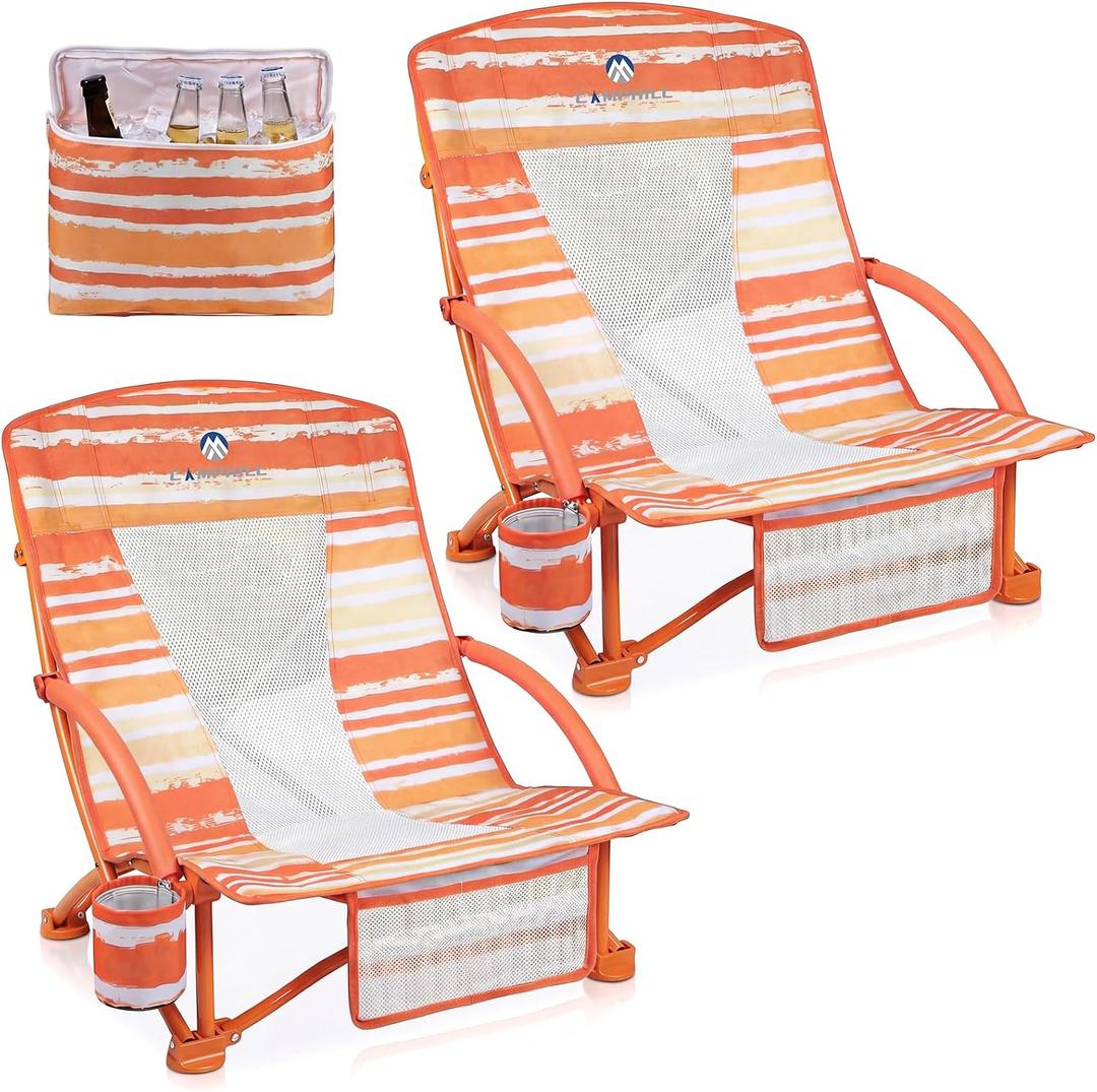 Beach Chairs for Adults 2 Pack,Heavy Duty Folding Low Back Camping Chairs w/Cooler Bag,Mesh Back,Cup Holder & Storage Bag,Compact Sling Chair for Lawn,Picnic,Travel,Orange Strip, Small