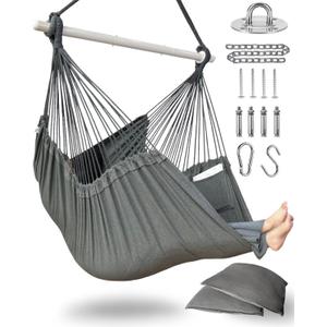 XXL Hammock Chair Hanging Rope Swing with 2 Cushions - Max 500lbs-Perfect for Patio, Porch, Bedroom, Backyard, Indoor or Outdoor - Includes Hanging Hardware Kits (Grey)