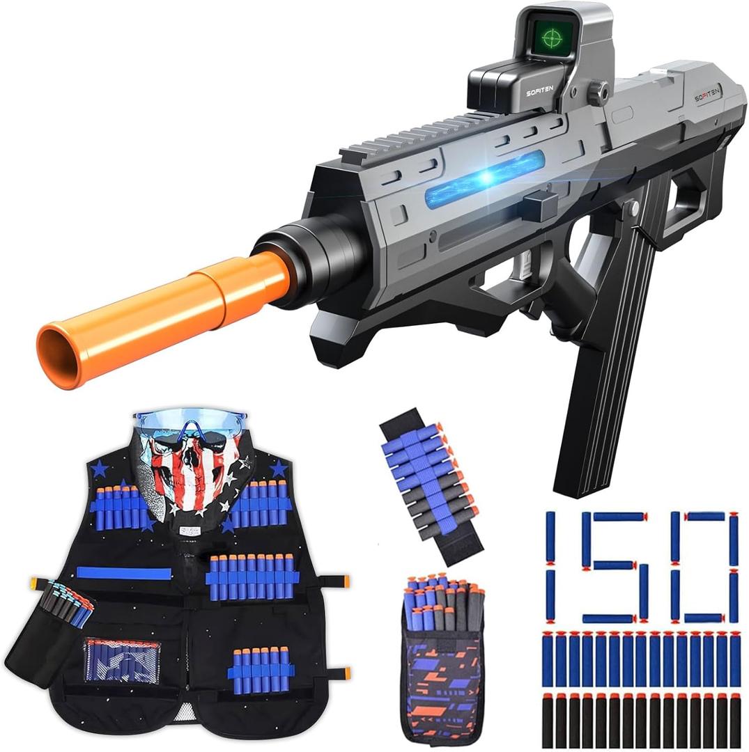 Toy Gun Automatic Sniper Rifle with Tactical Vest Kit Futuristic Electric High Speed Toy Foam Blaster Gun with 150 Darts Shooting Games Toys Birthday for Boys Adults Age 8+