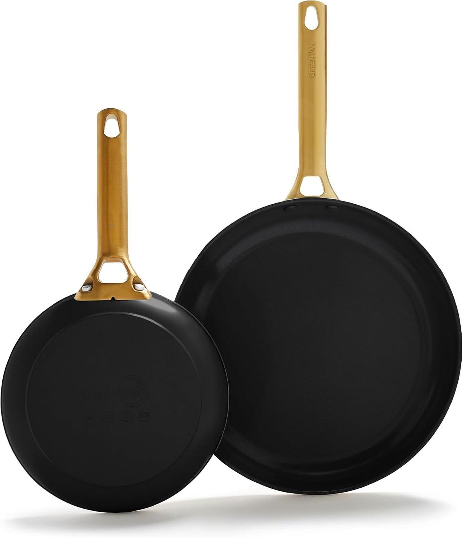 GreenPan Hard Anodized Healthy Ceramic Nonstick 8" and 10" Frying Pan Skillet Set, Gold Handle, PFAS-Free, Dishwasher Safe, Oven Safe, Black