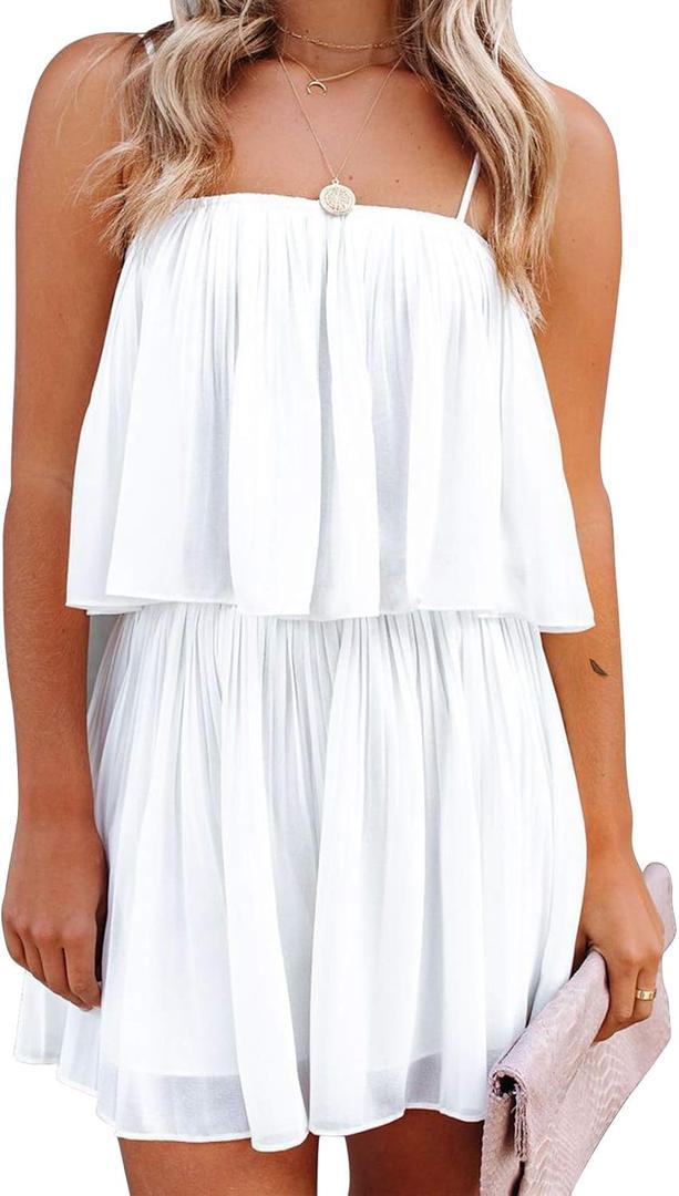 EXLURA Womens 2025 Summer Romper Dress Spaghetti Strap Pleated Beach Vacation Outfit Fashion Cruise Short Jumpsuit Outfits (X-Large, White)