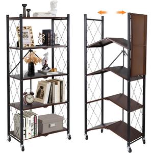 5-Tier Foldable Storage Shelves with Wheels, Folding Metal Shelf Unit, Folding Bookshelf no Assembly, Collapsible Shelves for Craft Shows for Kitchen, Bedroom, Living Room, Rustic Brown