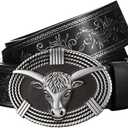 PARTTELY Western Cowboy Belts for Men Women, Western Belt with Bull Buckle, Country Belt Cowboy Leather Belt for Jeans, Size: for 32-38" waist