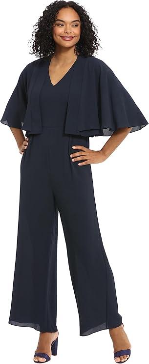 London Times womens 2pc V-neck Wide Leg Jumpsuit With Capelet Jacket Polished Feminine, Size 12