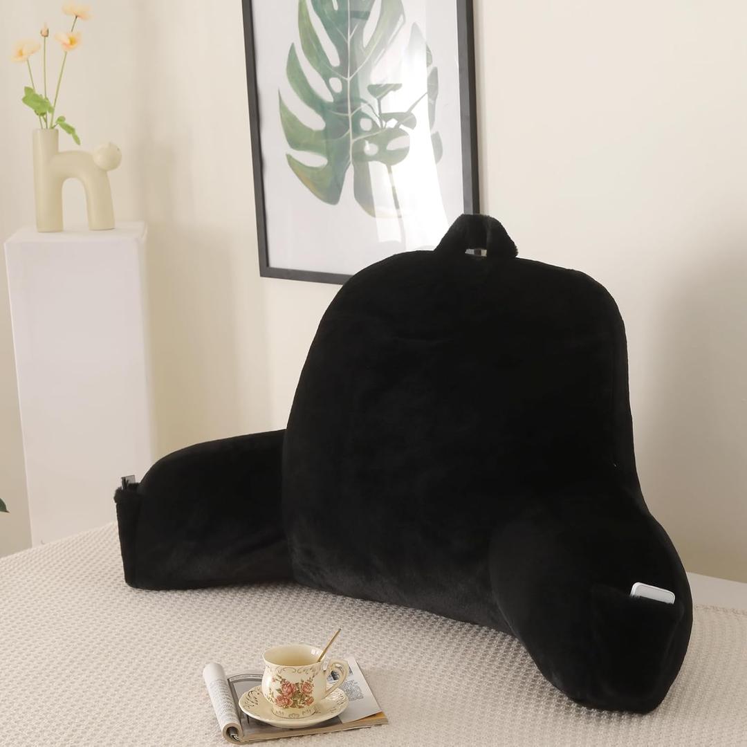 Reading Pillow for Sitting in Bed, Large Backrest Reading Pillow with Arm Rest,Back-Rest Support Cushion for Sit Up on Couch, Sofa, and Floor, Dorm Essentials (Black Faux Fur, Standard(17"))