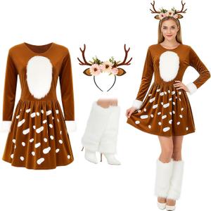 Haysandy 4 Pcs Christmas Adult Deer Costume for Women, Deer Dress Reindeer Antlers Headband Fuzzy Leg Warmers (Large)