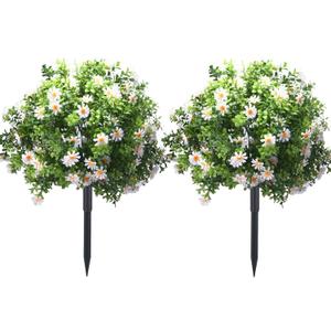 23.6" Artificial Boxwood Topiary Ball Trees with White Flowers, Set of 2 UV Resistant No Fade Outdoor Faux Plants with Ground Spike, Fake Shrubs for Garden, Patio, Porch, Yard, Indoor Decor