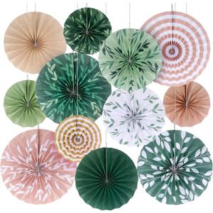 Thenshop 12 Pcs Sage Green Hanging Paper Fans Boho Hanging Ceiling Decoration Vintage Floral Round Paper Fans Garden Themed Party Decor for Tea Party Wedding Garden Bridal Birthday Indoor Outdoor (Leaf Style)