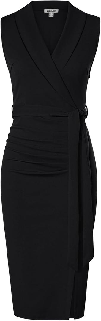 GRACE KARIN Women's Wear to Work Sleeveless Ruched Bodycon Office Pencil Midi Dresses with Belt (12, Black)