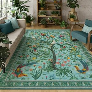 LEEVAN Botanical Birds Washable Living Room Area Rug Non Slip Soft Bedroom Rugs Blue 8x10 Area Rugs Clearance Nursery Floor Carpet Kids Room Decor Vintage Home Office Rug Clearance