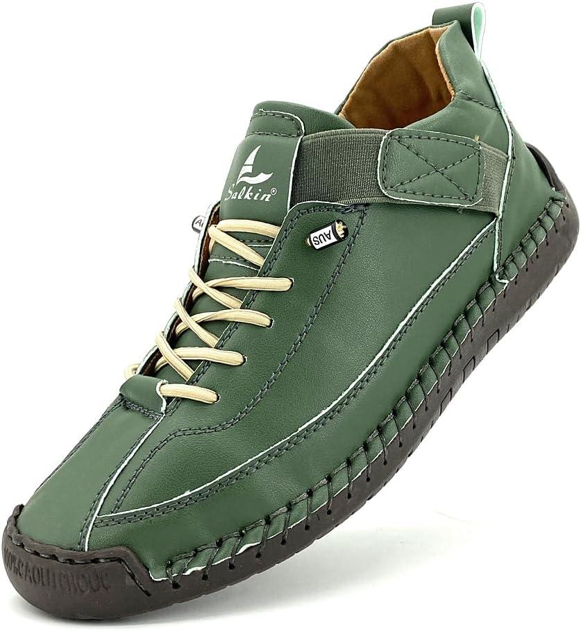 Women's Comfort Walking Shoes, Handstitched Pu Leather Ankle Boots, Green Slip-On Outdoor Flats (8)