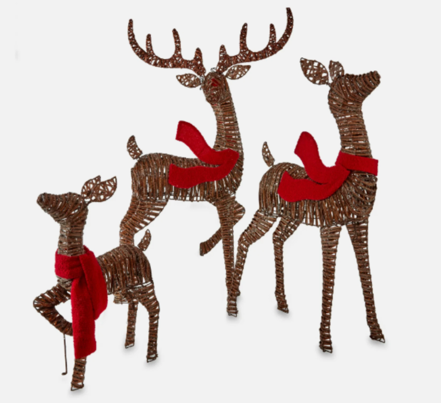 SET of 3 LIGHT UP RATTAN LOOK DEER FAMILY W/ 210 CHRISTMAS LIGHTS, Outdoor Decor