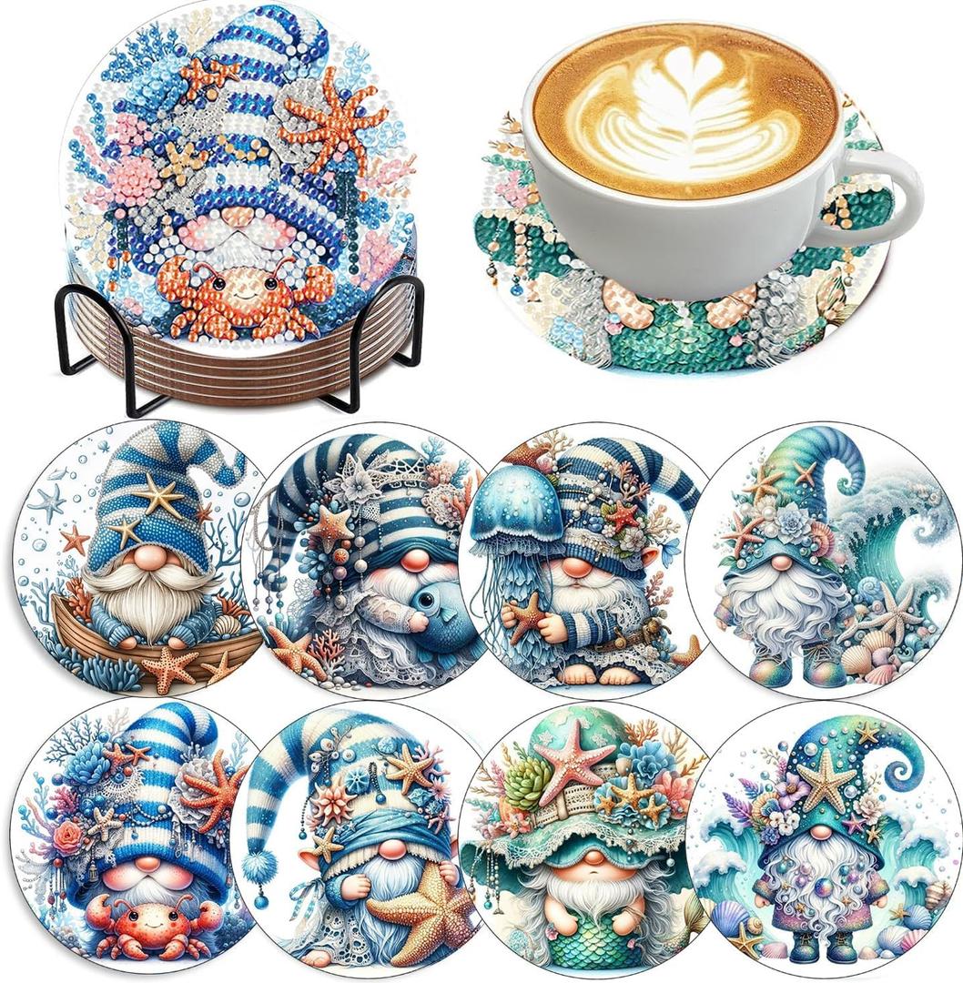mrpwnle 8 Pack Diamond Art Coasters Kits - Gnomes Diamond Painting Coasters Kit Set with Holder Cork Pads, DIY Non Slip Coaster Craft Kits for Adults Beginners Ideal Gifts