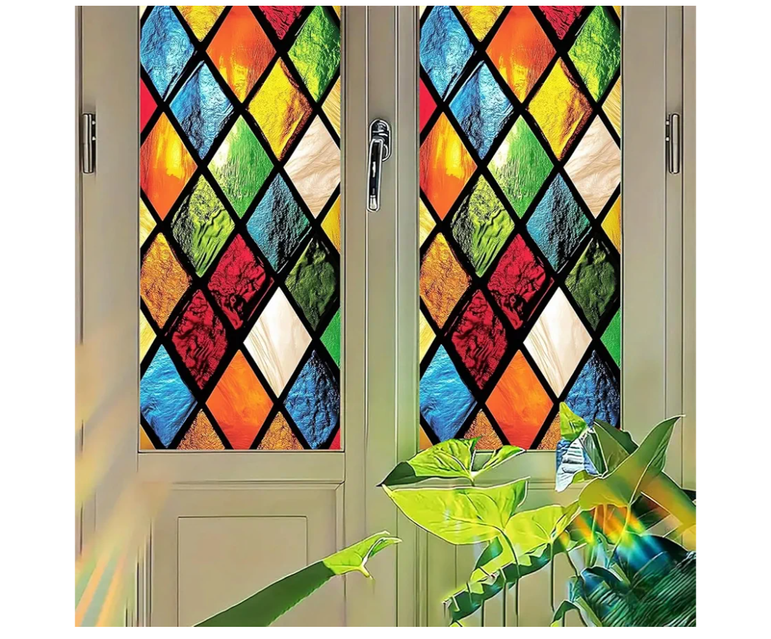 Colorful Diamond Stained Glass Window Film Privacy Decorative Panel Static Cling No Glue Glass Sticker 39 x 17.7 inches