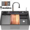 33inch Waterfall Kitchen Sink Metal Black -Feibus 33x22x10 Drop In Sink with Multifunctional Faucet Combo Workstation 16 Gauge Multifunctional Stainless Steel Single Bowl