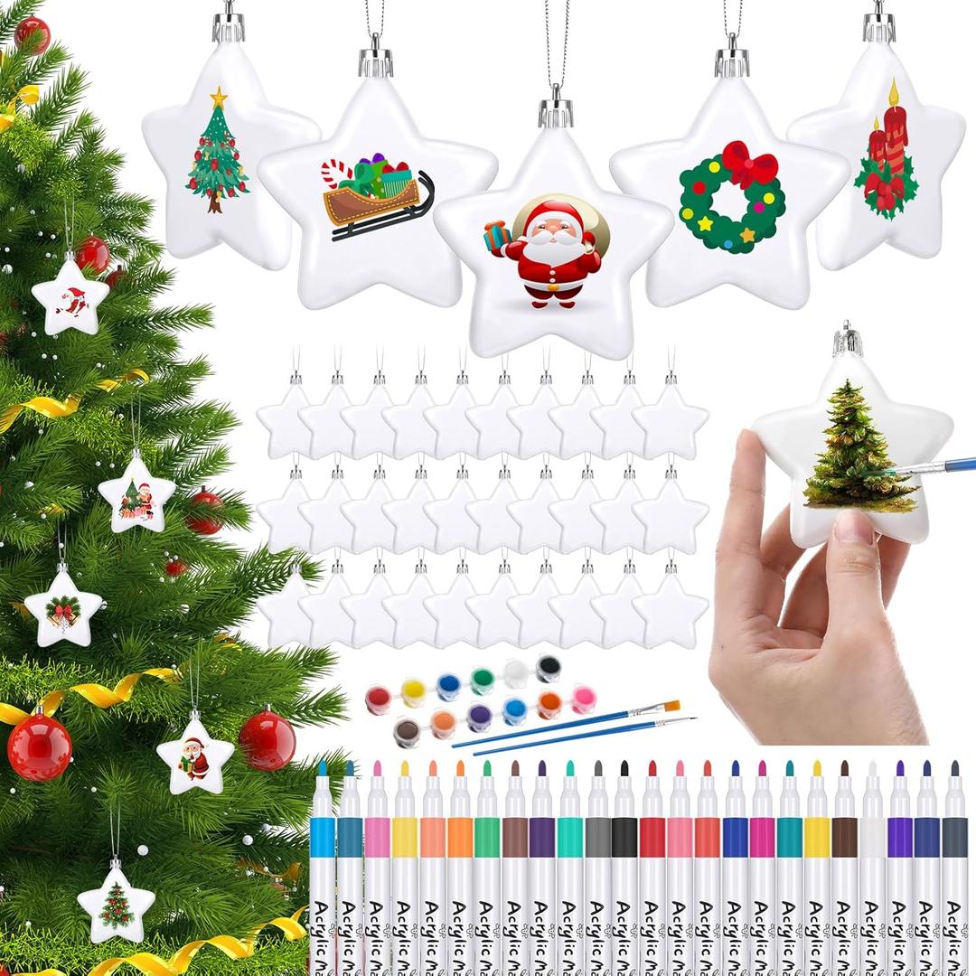 36 Pcs 3.15'' Christmas Blank White Star Ornaments for Crafts Paintable Flat Plastic Ornaments to Decorate with Painting Set for Make Your Own Xmas DIY Decor
