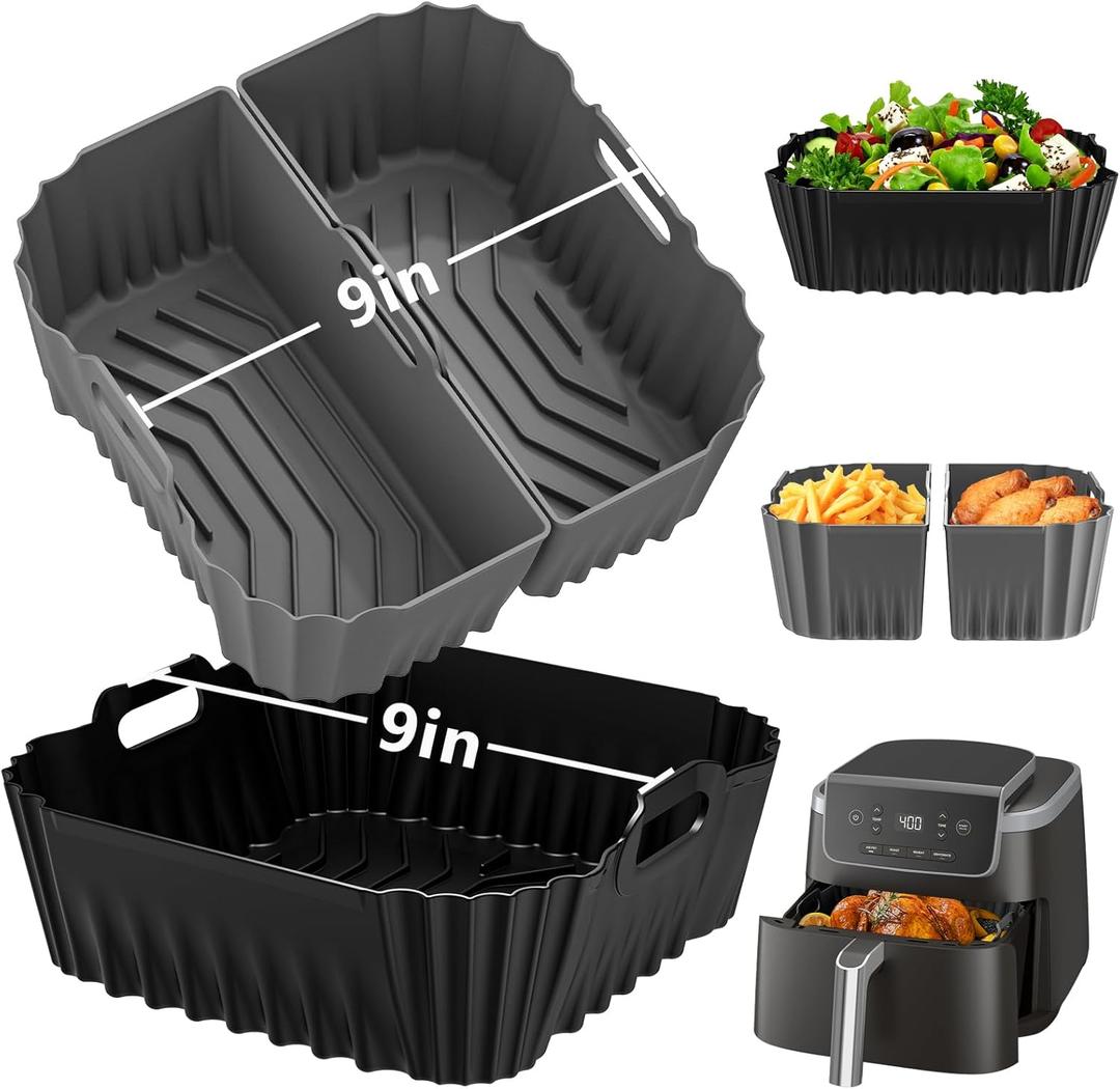 9-Inch Air Fryer Silicone Liners Square for Ninja Air Fryer AF141 AF142 AF181 5-6.5QT, 3 Pack Reusable Silicone Pot Baking Accessories for Cosori 6QT, Instant, Chefman 5QT to 8QT AirFryer
