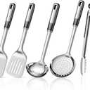 5-Piece Stainless Cooking Utensils,Heavy-Duty Thickened Cooking Utensils,Kitchen Tools Include Solid & Slotted Spatula,Soup Ladle,Egg Whisk,Tongs,Skimmers