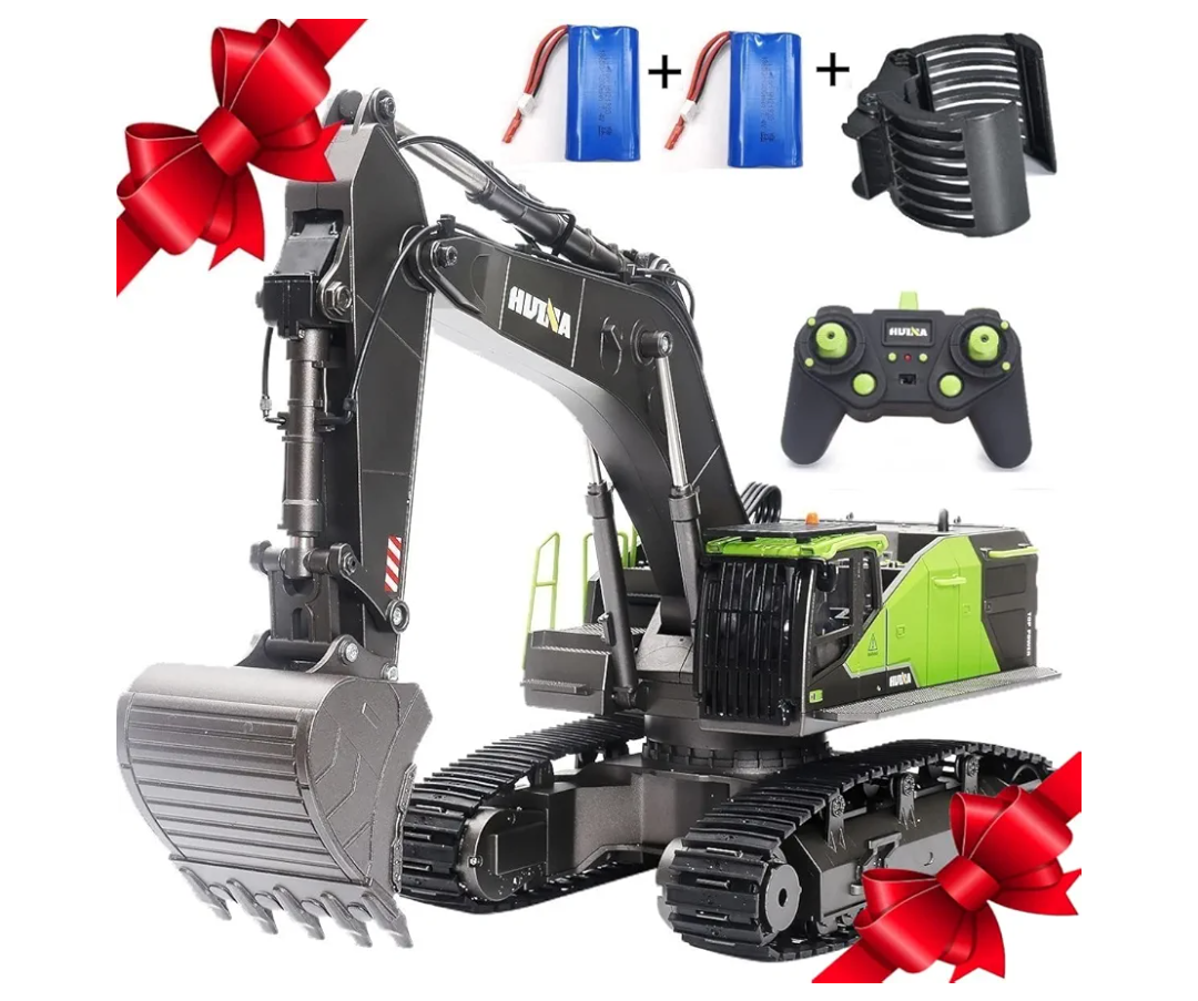 RC Excavator for Adults Huina 1593 Fully Functional 1:14 Toy 28 Channel Remote Control Truck Construction Vehicle Metal Bucket LED Lights Simulating Sounds 2 Batteries and Gripper 2026 Model